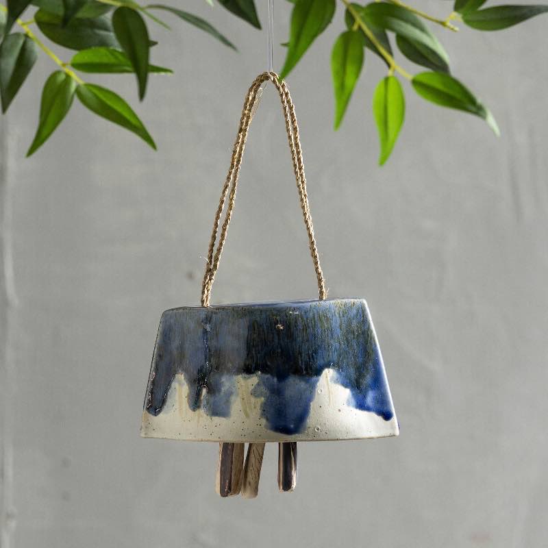 Artisan-made Ceramic Cowbell Chime, Medium - Blue